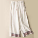 Buddha Stones Plain Bohemian Stripes Women's Wide Leg Cotton Pants With Pockets - White - US14，UK/AU18，EU46 (4XL) - image 4