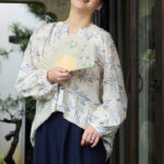 Buddha Stones Blue Beige Flowers Notched Design Long Sleeve Women's Cotton Shirt For Older Adults - image 20