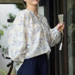 Buddha Stones Blue Beige Flowers Notched Design Long Sleeve Women's Cotton Shirt For Older Adults - image 19