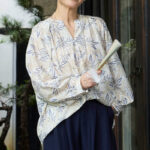 Buddha Stones Blue Beige Flowers Notched Design Long Sleeve Women's Cotton Shirt For Older Adults - image 15