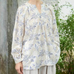 Buddha Stones Blue Beige Flowers Notched Design Long Sleeve Women's Cotton Shirt For Older Adults - image 2