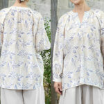 Buddha Stones Blue Beige Flowers Notched Design Long Sleeve Women's Cotton Shirt For Older Adults - image 11