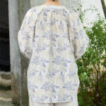 Buddha Stones Blue Beige Flowers Notched Design Long Sleeve Women's Cotton Shirt For Older Adults - image 3