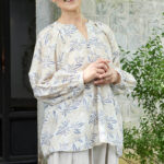 Buddha Stones Blue Beige Flowers Notched Design Long Sleeve Women's Cotton Shirt For Older Adults - image 12