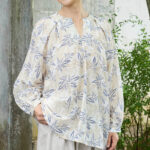 Buddha Stones Blue Beige Flowers Notched Design Long Sleeve Women's Cotton Shirt For Older Adults - FloralWhite - US14，UK/AU18，EU46 (2XL) - image 1