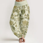 Buddha Stones Pure Cotton Lotus Leaf Peony Pattern Women's Elastic Waist Harem Pants - Beige - US22，UK/AU26，EU54 (6XL) - image 9