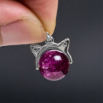 Buddha Stones 925 Sterling Silver Natural Deep Purple Fireworks Super Seven Crystal Cat Necklace Pendant - image 6