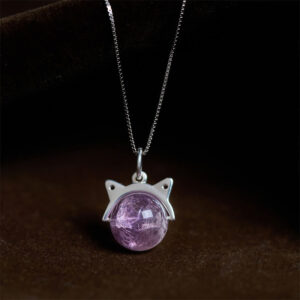 Buddha Stones 925 Sterling Silver Natural Rainbow Amethyst Cat Positive Necklace Pendant - 10mm+0.8mm Chain - image 1