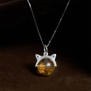 Buddha Stones 925 Sterling Silver Natural Citrine Cat Prosperity Necklace Pendant - 10mm+0.8mm Chain - image 0