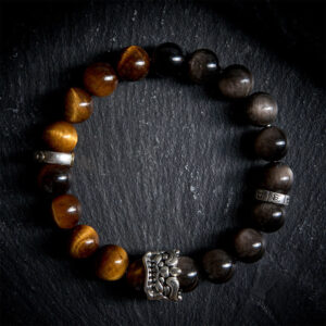 Buddha Stones Tiger Eye Silver Sheen Obsidian Om Mani Padme Hum Horse PiXiu Beast Courage Bracelet - 20cm - image 0