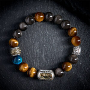 Buddha Stones Silver Sheen Obsidian Tiger Eye Om Mani Padme Hum Three-Faced Buddha Positive Bracelet - 20cm - image 0