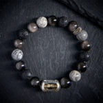 Buddha Stones Silver Sheen Obsidian Lava Rock Grey Jasper Om Mani Padme Hum Vajra Soothing Bracelet - image 1