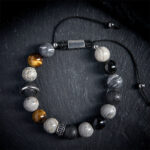 Buddha Stones Grey Jasper Lava Rock Silver Sheen Obsidian Tiger Eye Healing Bracelet - image 1