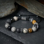 Buddha Stones Grey Jasper Lava Rock Silver Sheen Obsidian Tiger Eye Healing Bracelet - Grey Jasper(Wrist Circumference: 15-17cm) - image 0