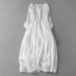 Buddha Stones Embroidery Patchwork Long Puff Sleeve Drawstring Midi Dress With Pockets - White - US8-10，UK/AU12-14，EU40-42 (2XL) - image 19