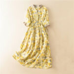 Buddha Stones Half Sleeve Color Contrast Floral Pattern Midi Dress With Pockets - Yellow - US12，UK/AU16，EU44 (3XL) - image 13
