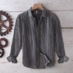 Buddha Stones Men's Shirt Solid Color Lapel Top Long Sleeve Comfy Button Crease Cotton Linen Shirt - Gray - US/UK/AU50，EU60 (5XL) - image 4