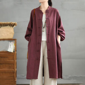 Buddha Stones Casual Frog-button Women's Cotton Linen Coat With Pockets - Purple - US12，UK/AU16，EU44 (2XL) - image 0