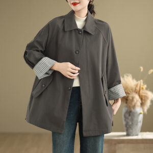 Buddha Stones Plain Patched Women's Long Sleeve Cargo Cotton Jacket With Pocket - DimGray - US12，UK/AU16，EU44 (XL) - image 0