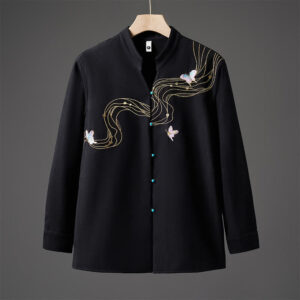Buddha Stones Winter Embroidered Butterfly Ribbon Fleece-Lined Men's Cotton Long Sleeve Jacket - Black - US/UK/AU46，EU56 (5XL) - image 0