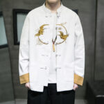 Buddha Stones Embroidered Golden Cranes Auspicious Clouds Frog-Button Cotton Linen Men's Shirt - image 1