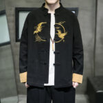 Buddha Stones Embroidered Golden Cranes Auspicious Clouds Frog-Button Cotton Linen Men's Shirt - Black - US/UK/AU46，EU56 (5XL) - image 14