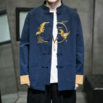 Buddha Stones Embroidered Golden Cranes Auspicious Clouds Frog-Button Cotton Linen Men's Shirt - SteelBlue - US/UK/AU46，EU56 (5XL) - image 21