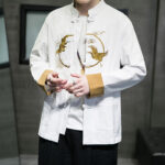 Buddha Stones Embroidered Golden Cranes Auspicious Clouds Frog-Button Cotton Linen Men's Shirt - image 9