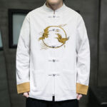 Buddha Stones Embroidered Golden Cranes Auspicious Clouds Frog-Button Cotton Linen Men's Shirt - image 2