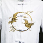 Buddha Stones Embroidered Golden Cranes Auspicious Clouds Frog-Button Cotton Linen Men's Shirt - image 12