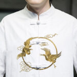 Buddha Stones Embroidered Golden Cranes Auspicious Clouds Frog-Button Cotton Linen Men's Shirt - image 10