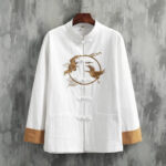 Buddha Stones Embroidered Golden Cranes Auspicious Clouds Frog-Button Cotton Linen Men's Shirt - White - US/UK/AU46，EU56 (5XL) - image 0