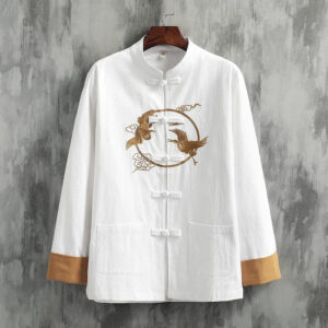 Buddha Stones Embroidered Golden Cranes Auspicious Clouds Frog-Button Cotton Linen Men's Shirt - White - US/UK/AU46，EU56 (5XL) - image 0