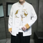 Buddha Stones Embroidered Golden Cranes Auspicious Clouds Frog-Button Cotton Linen Men's Shirt - image 7