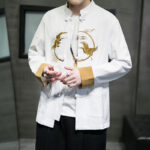 Buddha Stones Embroidered Golden Cranes Auspicious Clouds Frog-Button Cotton Linen Men's Shirt - image 6