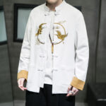 Buddha Stones Embroidered Golden Cranes Auspicious Clouds Frog-Button Cotton Linen Men's Shirt - image 3