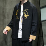 Buddha Stones Embroidered Golden Cranes Auspicious Clouds Frog-Button Cotton Linen Men's Shirt - image 15