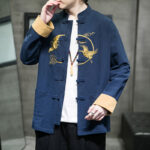 Buddha Stones Embroidered Golden Cranes Auspicious Clouds Frog-Button Cotton Linen Men's Shirt - image 22