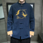 Buddha Stones Embroidered Golden Cranes Auspicious Clouds Frog-Button Cotton Linen Men's Shirt - image 25