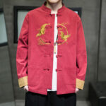Buddha Stones Embroidered Golden Cranes Auspicious Clouds Frog-Button Cotton Linen Men's Shirt - image 35