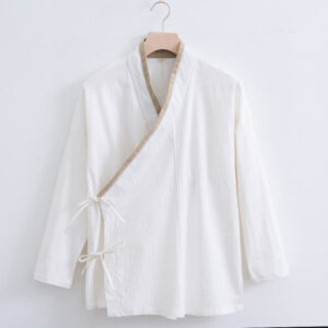 Buddha Stones Vintage Solid Long Sleeve Lace-up Design Cotton Linen Men's Shirt - White - US/UK/AU44，EU54 (4XL) - image 0