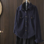 Buddha Stones Commute Plain Buttons Cotton Corduroy Women's Long Sleeve Shirt - MidnightBlue - US8-10，UK/AU12-14，EU40-42 (2XL) - image 0