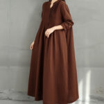 Buddha Stones Plain Long Sleeve Notched Collar Double-layer Cotton Midi Dress With Pockets - image 6