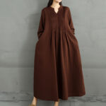 Buddha Stones Plain Long Sleeve Notched Collar Double-layer Cotton Midi Dress With Pockets - image 4