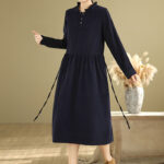 Buddha Stones Lace-Up Design Ruffled Crew Neck Cotton Corduroy Long Sleeve Midi Dress With Pockets - MidnightBlue - US12，UK/AU16，EU44 (2XL) - image 0