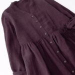Buddha Stones Fall DarkMagenta V-Neck Buttons Design Cotton Long Sleeve Midi Dress - image 3