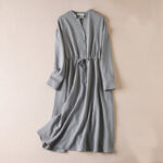 Buddha Stones Pure Color Notched Collar Drawstring Cotton Long Sleeve Midi Dress With Pockets - DarkGray - US8-10，UK/AU12-14，EU40-42 (2XL) - image 7