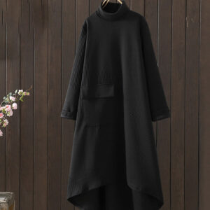 Buddha Stones Pure Color Irregular Design Cotton Turtleneck Long Sleeve Midi Dress With Pocket - Black - US8-10，UK/AU12-14，EU40-42 (2XL) - image 0
