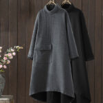 Buddha Stones Pure Color Irregular Design Cotton Turtleneck Long Sleeve Midi Dress With Pocket - image 17