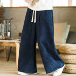 Buddha Stones Commute Plain Drawstring Men's Wide Leg Cotton Corduroy Pants With Pockets - image 13